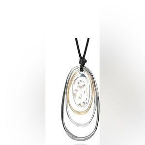 Black cord long necklace w gold silver & black metal different geometric shapes